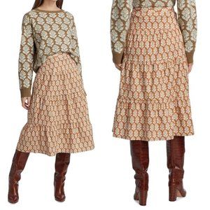 NWT RHODE Laine Tiered Cotton Skirt In Floral Stamp Camel Size Large